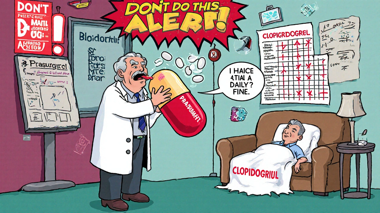 A doctor forcing an elderly patient into a Prasugrel pill while Ticagrelor hovers calmly and Clopidogrel sleeps safely.