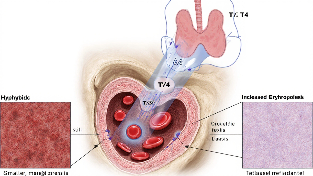 Anatomical illustration showing thyroid hormones influencing bone‑marrow red cell production.