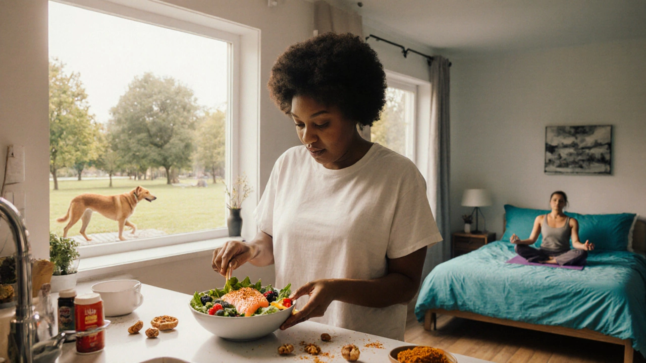 Bright kitchen scene with anti‑inflammatory meal, walking, and meditation for hormonal health.