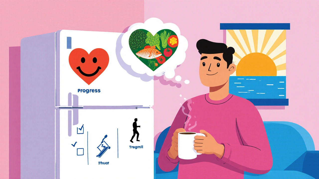 Cartoon adult checking weekly health board, smiling with heart thought bubble.