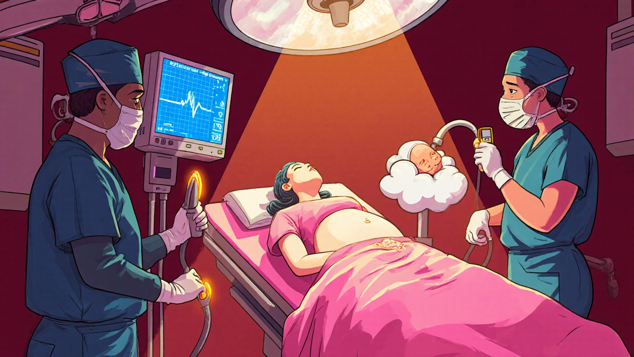 Cartoon Caesarean delivery scene with surgeon, anesthesiologist, and newborn.