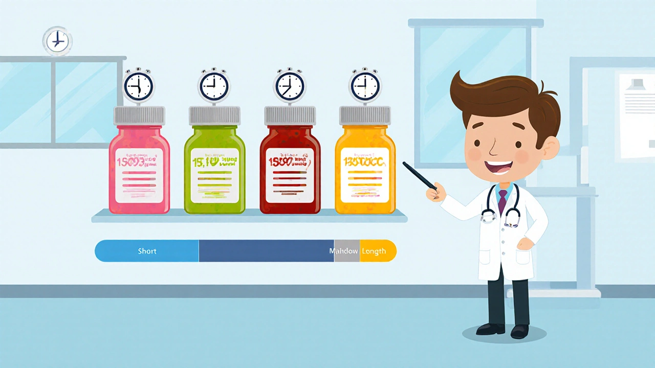 Cartoon display of colorful pill bottles with clock icons and bars showing onset and duration.
