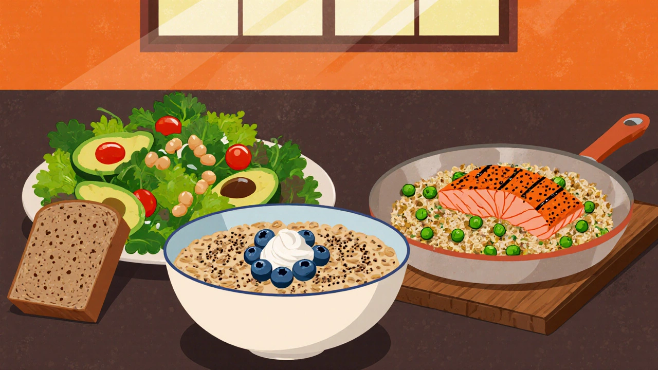 Cartoon kitchen display of oatmeal, salmon, quinoa, and salad for heart health.
