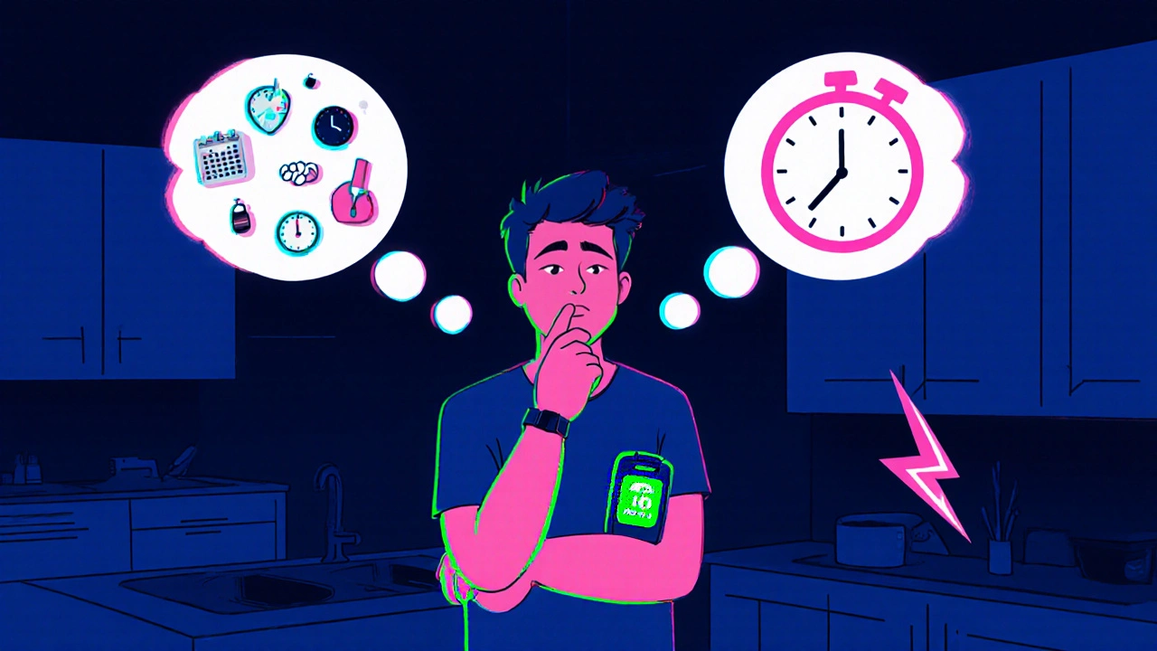 Cartoon kitchen scene contrasting flexible bolus dosing with rigid premixed schedule.