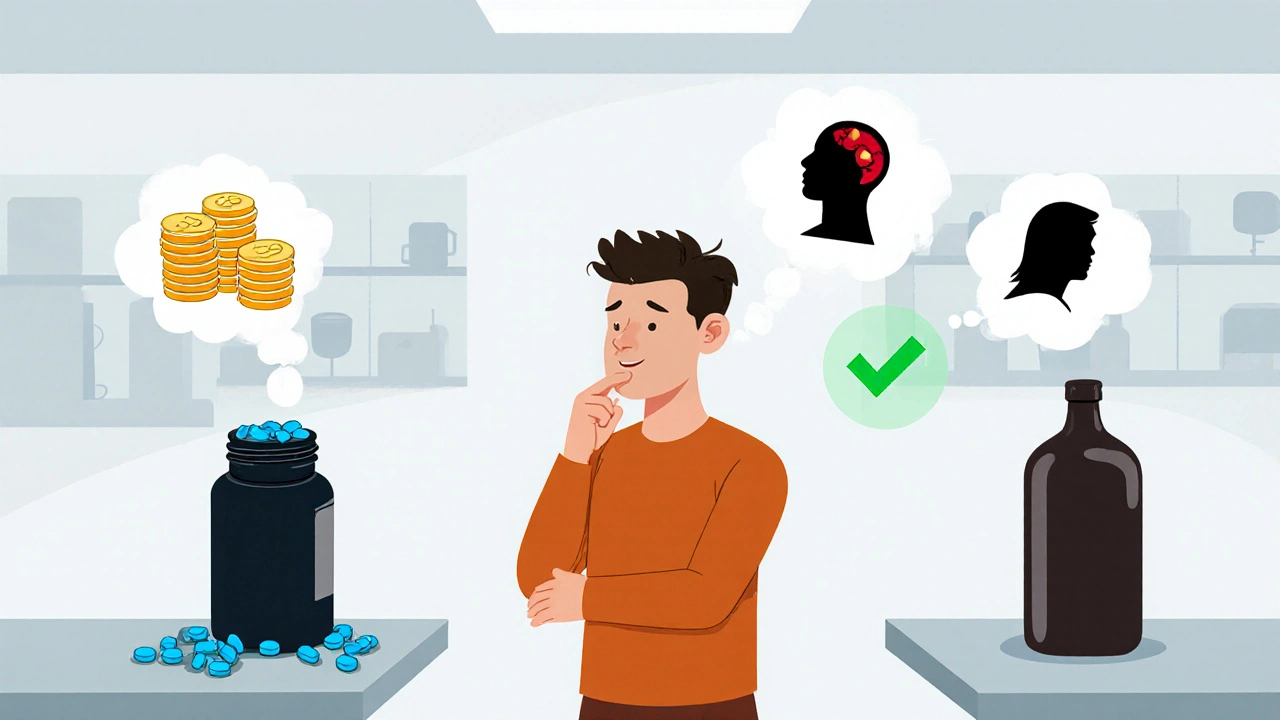 Cartoon man choosing between a generic and branded pill bottle, with cost and side‑effect icons.