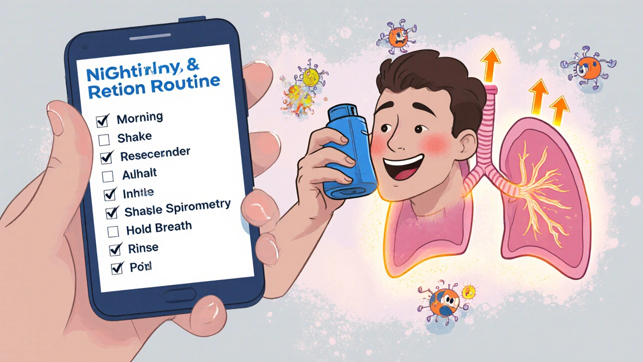 Cartoon of a person following inhaler steps with checklist, smartphone reminder, and improved lungs.
