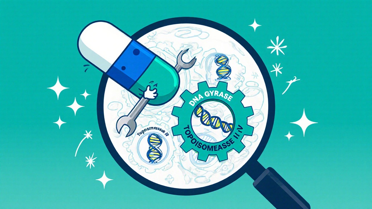 Cartoon ofloxacin molecule stops bacterial DNA gears inside a cell.