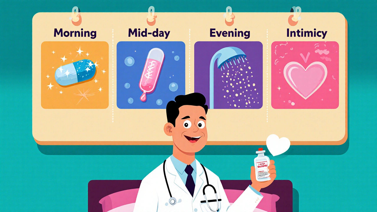 Cartoon schedule board with probiotic, gel, wash, lubricant panels and a doctor offering cream.
