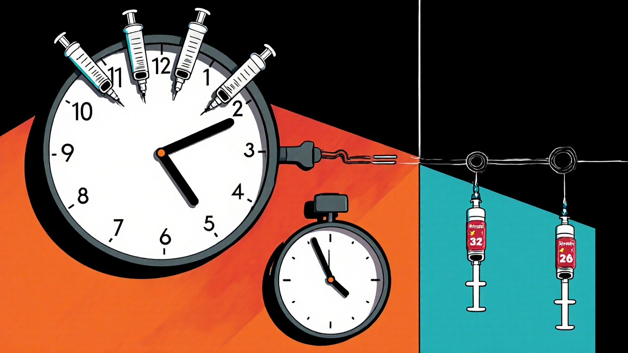 Cartoon timeline with clocks showing basal‑bolus multiple injections and premixed fewer shots.