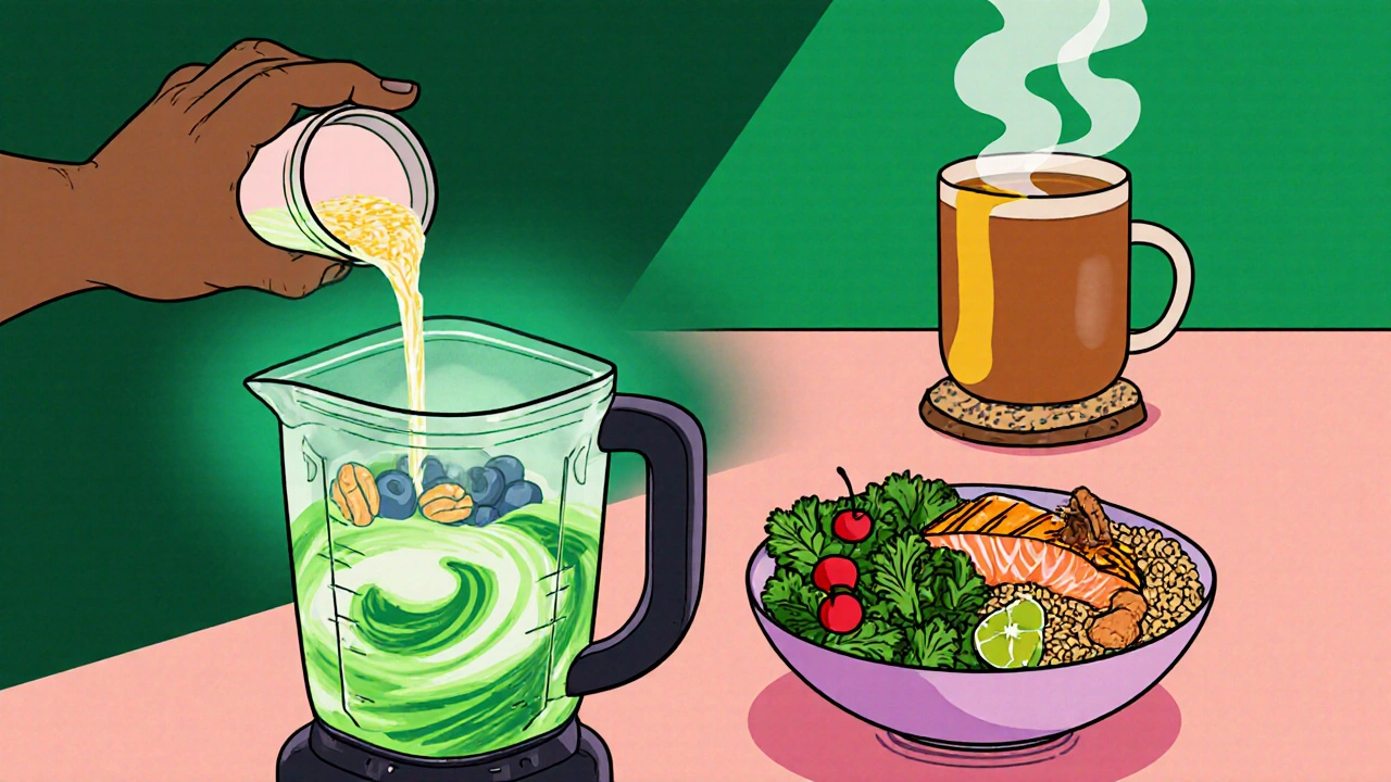 Character preparing a smoothie, power bowl, and ginger‑turmeric tea in a colorful cartoon kitchen.