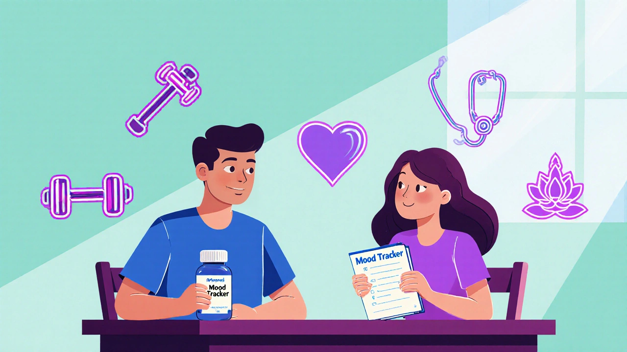 Couple talking at a table, surrounded by icons for exercise, meditation, and health.