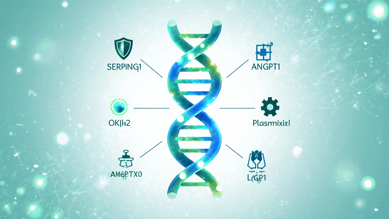 DNA helix with highlighted gene spots for SERPING1, F12, PLG, ANGPT1, KNG1 and related proteins.