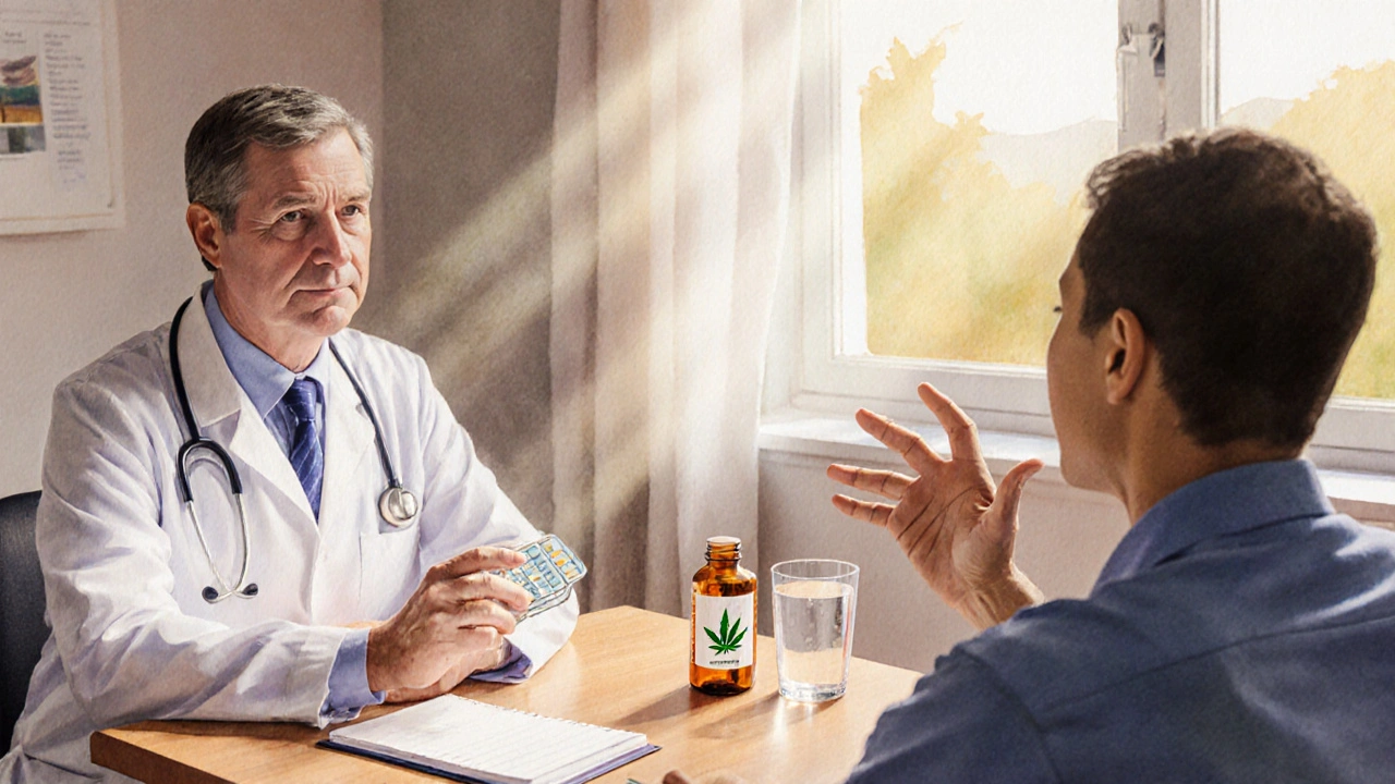 Doctor and patient discussing cannabis oil in a sunlit consultation room.