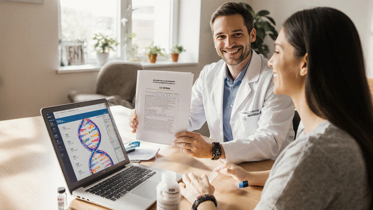 Doctor and patient reviewing genetic test results, with medication kit and alert bracelet on the table.