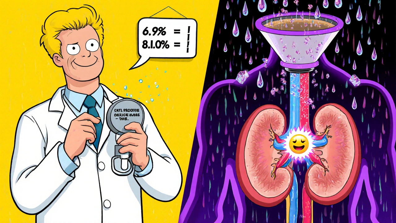 Doctor lowers digoxin dose as patient's glucose levels drop, kidneys and electrolytes shown as cartoon symbols.