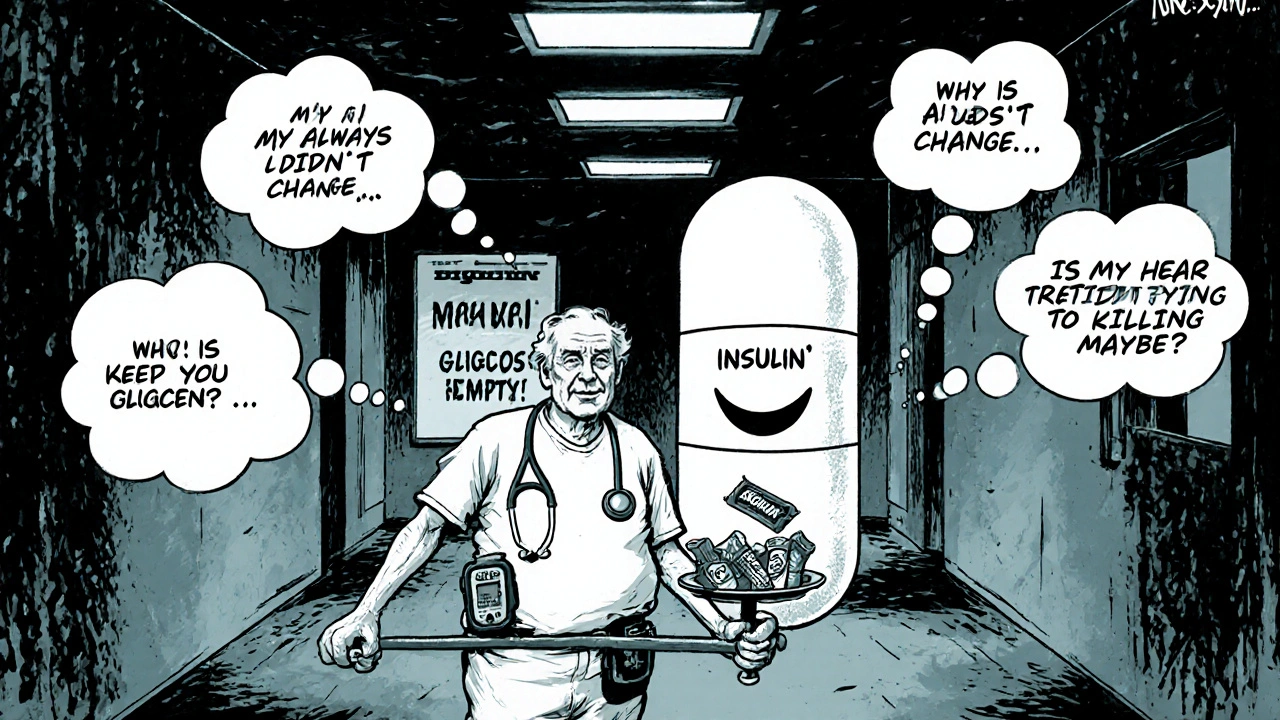 Elderly man confronted by a giant digoxin pill, surrounded by thought bubbles about high blood sugar.
