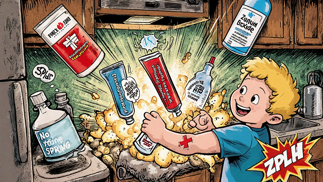 First aid kit bursting open with superhero ointments dodging harmful chemicals in a kitchen.