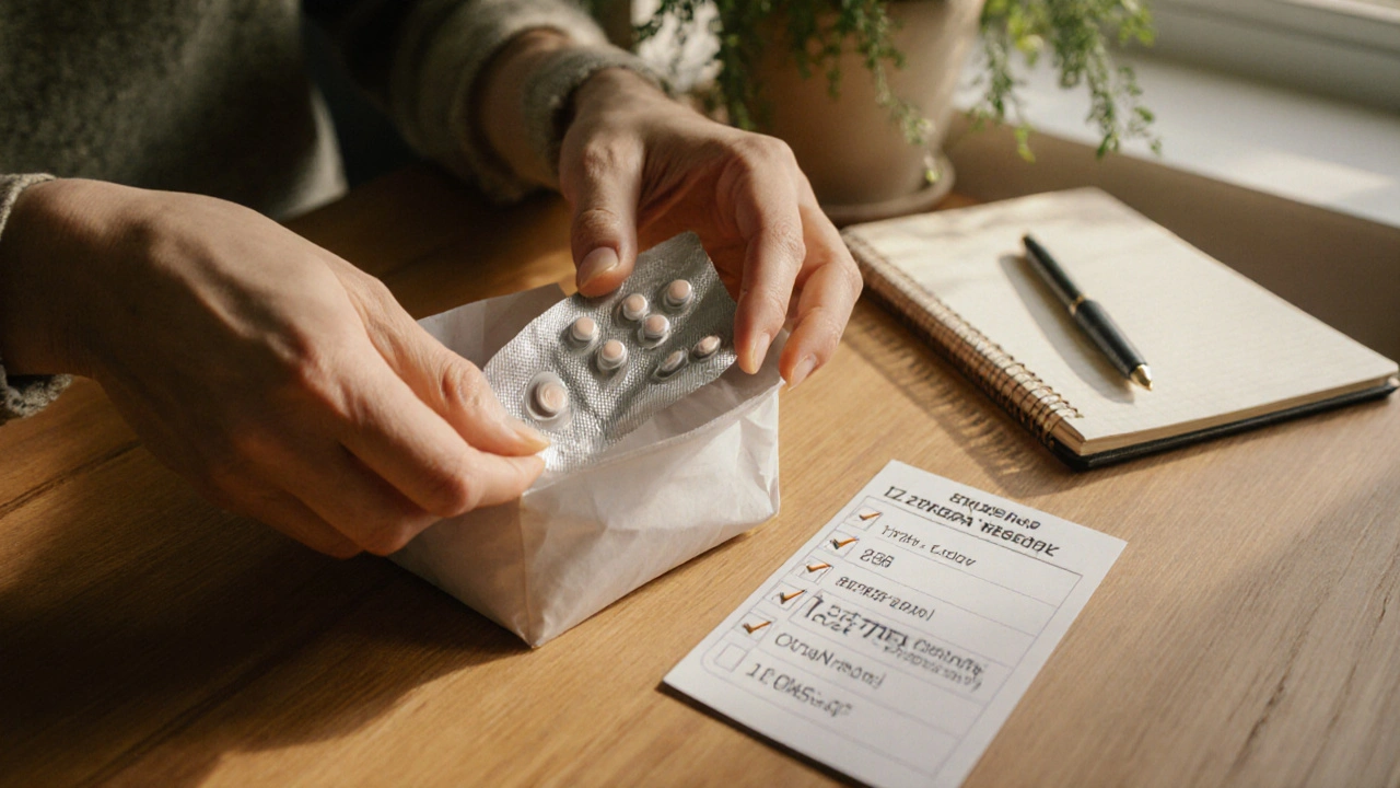 Hands opening a parcel revealing Zovirax tablets and batch information.