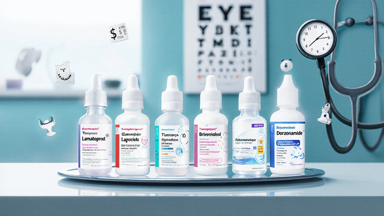 Illustration of assorted glaucoma eye‑drop bottles arranged on a tray with subtle cost and dosing icons.