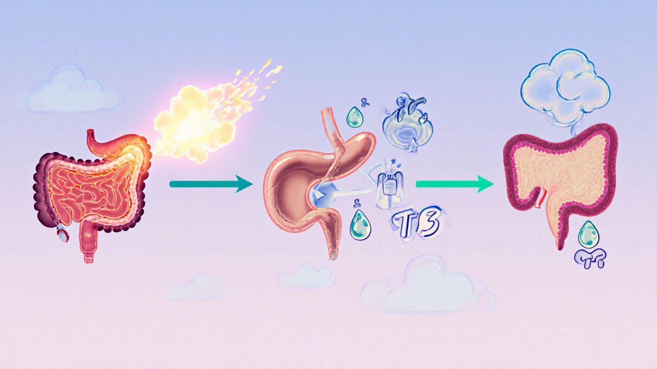 Illustration of gut inflammation linking to adrenal cortisol, pancreatic insulin, and thyroid hormones.