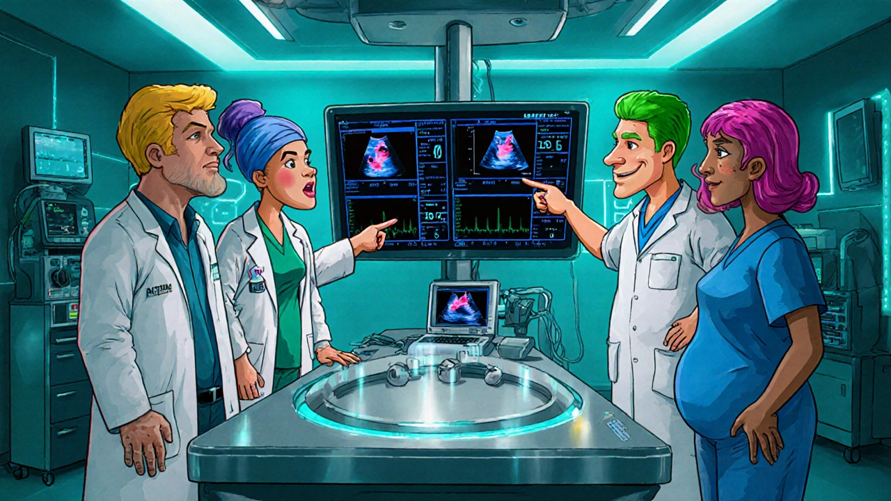 Medical team monitoring PAH patient with holographic vital signs.