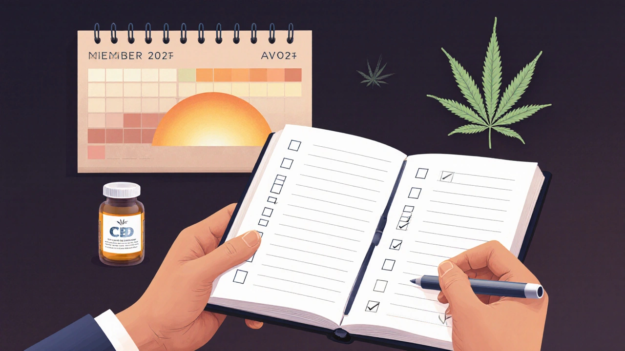 Patient's hand holding a diary and CBD oil bottle with a subtle sunrise background.