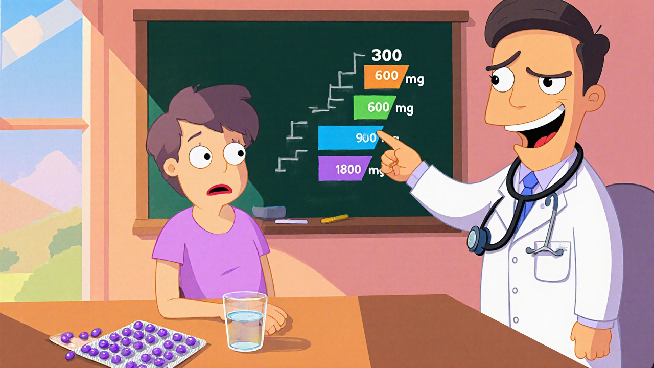 Patient at a table with water, pills, and a doctor pointing at a dosage ladder on a chalkboard.