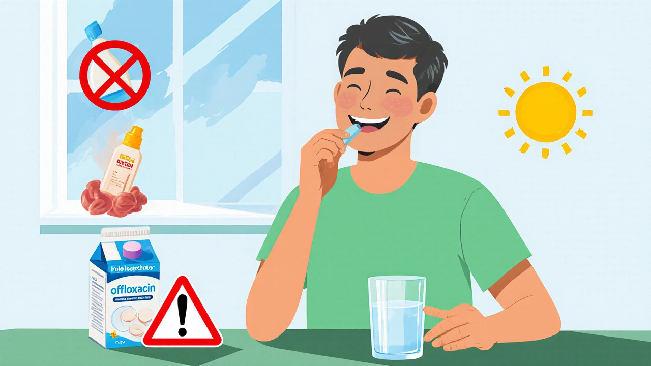 Patient drinks water with ofloxacin, avoiding dairy and noting tendon warning.
