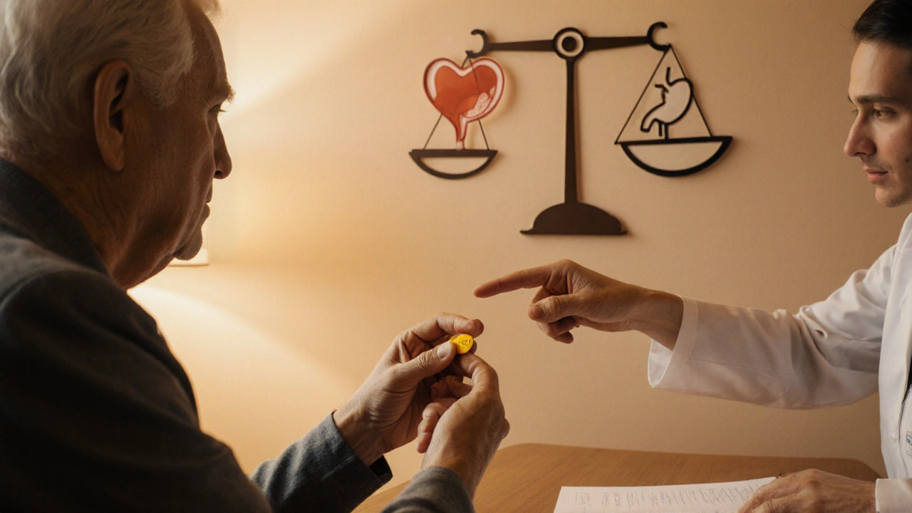 Patient holding a Diclofenac tablet while doctor gestures toward a scale balancing heart and stomach symbols.