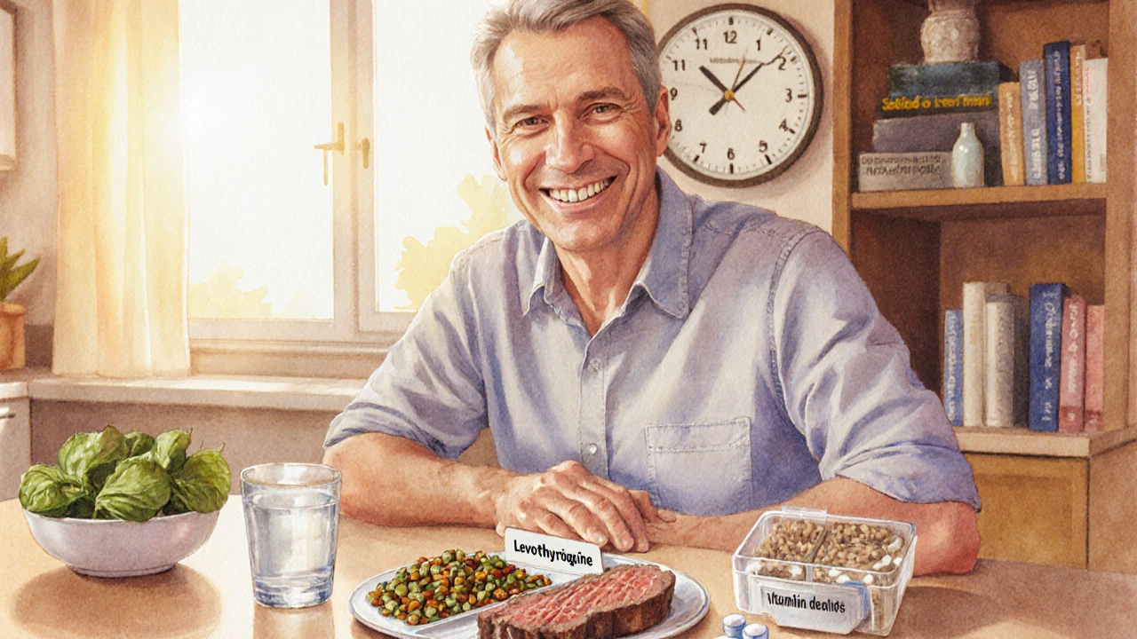 Person at a kitchen table taking levothyroxine alongside iron‑rich foods.