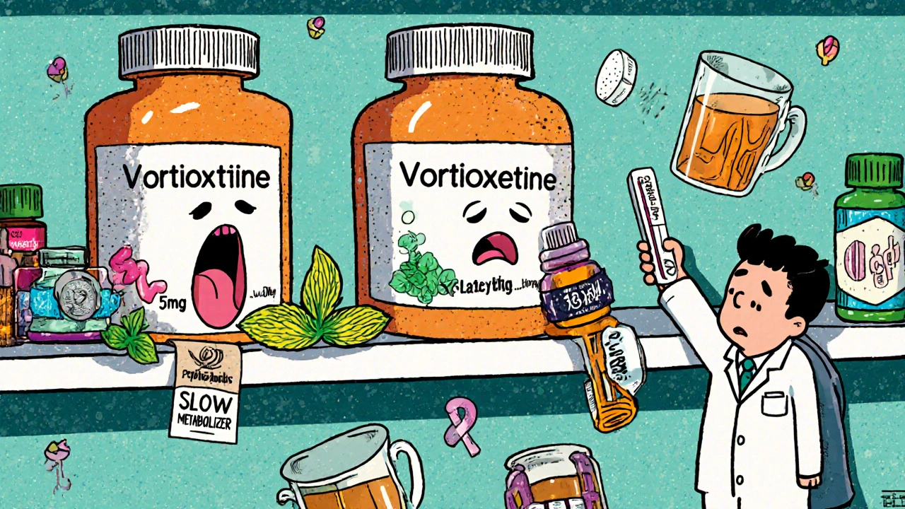 Pharmacy shelf with exaggerated vortioxetine bottles, ginger, and wristbands as sidekicks.