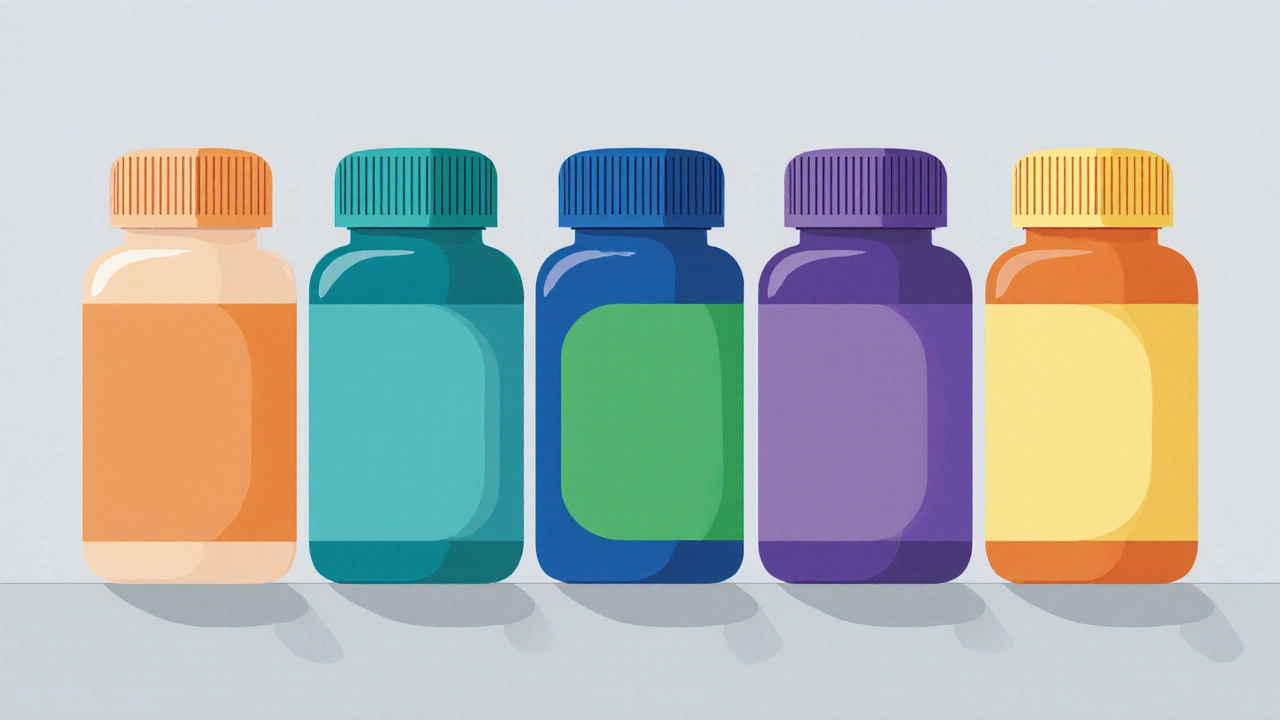 Row of six colorful pill bottles representing different NSAIDs on a neutral surface.