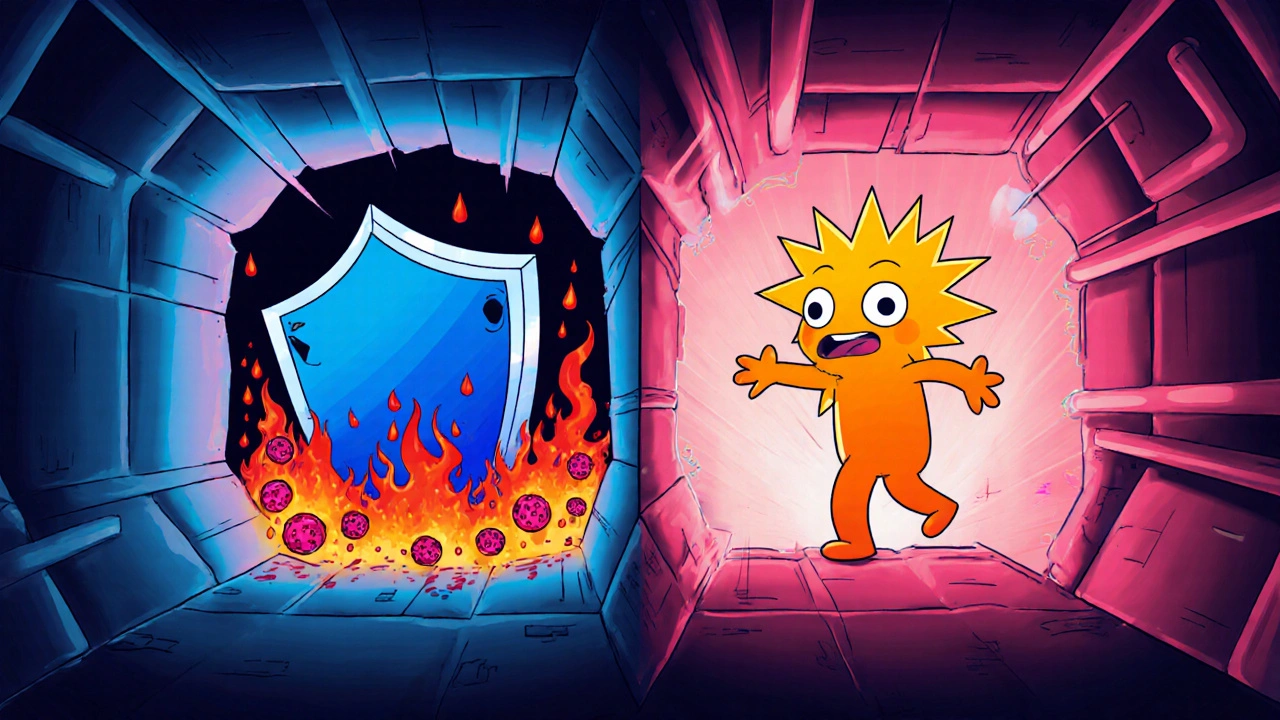 Split cartoon showing a blue shield molecule reducing inflammation and an orange spark opening airways.