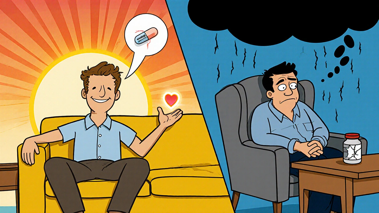 Split scene: John looks confident with a glowing pill, Marco appears frustrated with a broken bottle.