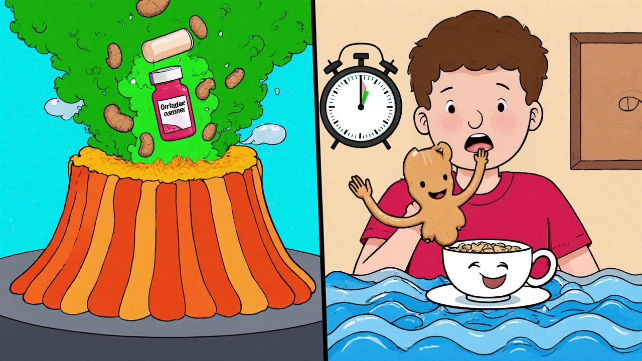 Split scene: person vomiting after taking pill on empty stomach vs. calm after eating oatmeal.