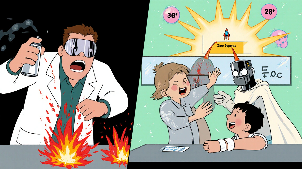 Split-screen comparison: alcohol burning a wound vs. benzalkonium chloride and zinc oxide healing it peacefully.