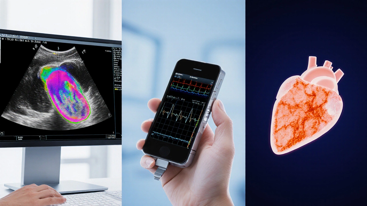 Split-screen showing echo image, Holter monitor ECG strips, and cardiac MRI scans being reviewed.
