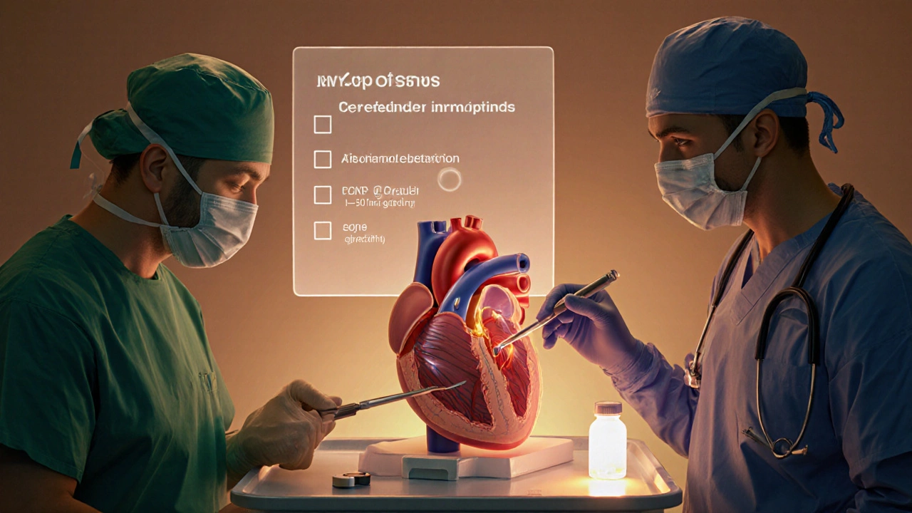 Surgeon performing septal myectomy, catheter delivering alcohol ablation, with pills and an ICD device displayed.