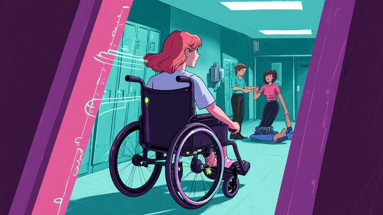 Teen girl in high‑tech wheelchair with glowing posture sensors navigating a school hallway.