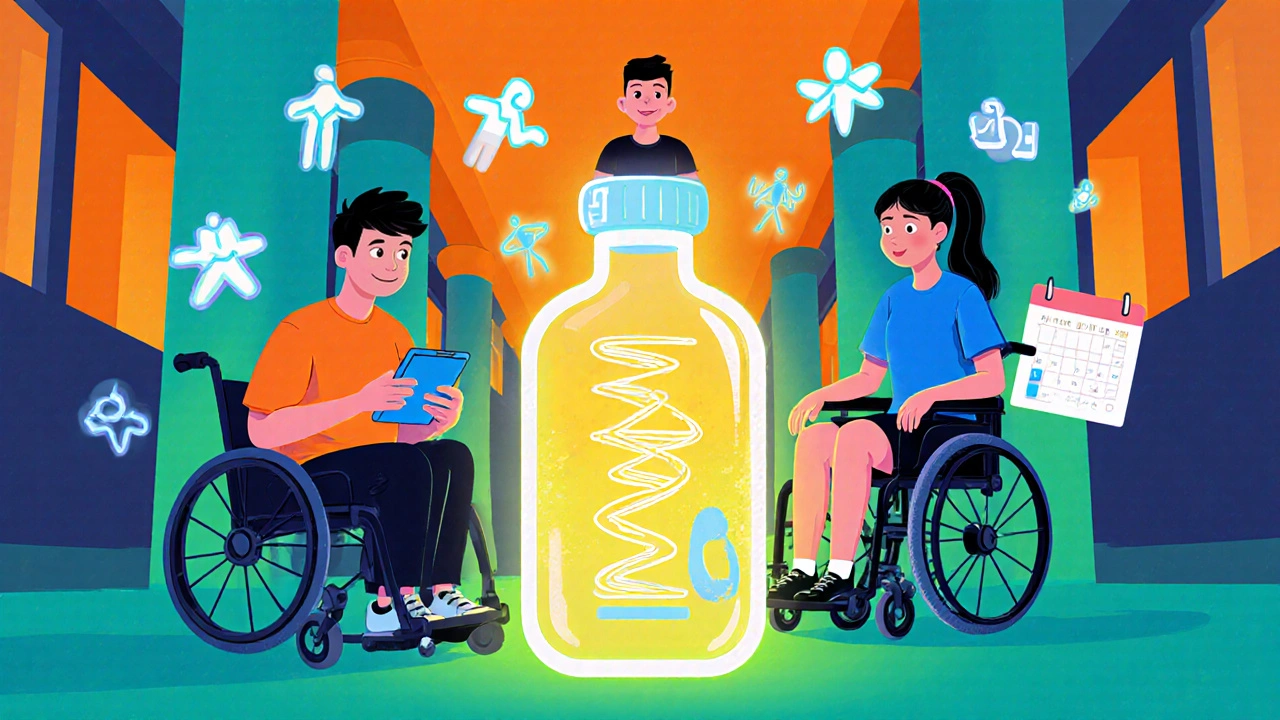 Three characters—college student, athlete in wheelchair, and caregiver—gathered around a glowing therapy vial.
