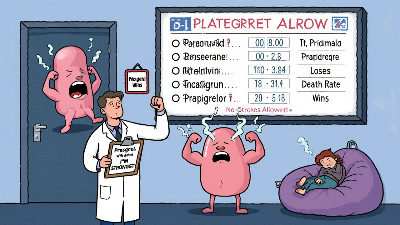 Three talking pills arguing in a doctor’s office, with a scoreboard showing which drug wins on clot prevention, bleeding, and death rate.