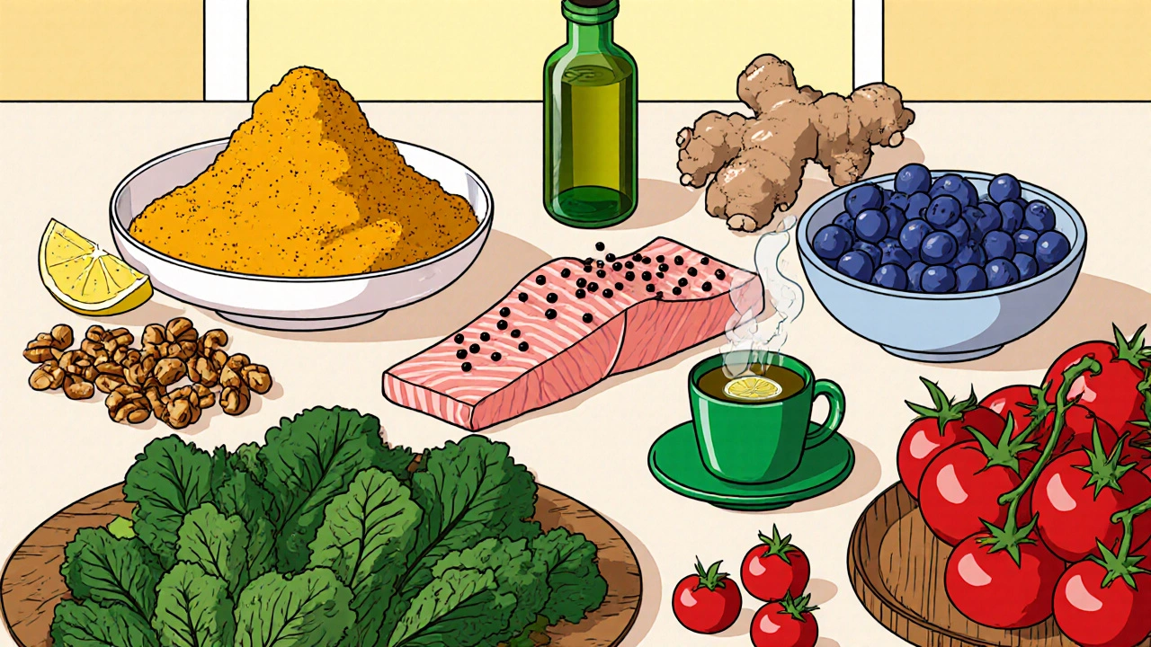 Top 10 anti‑inflammatory foods arranged on a table in vivid cartoon style.