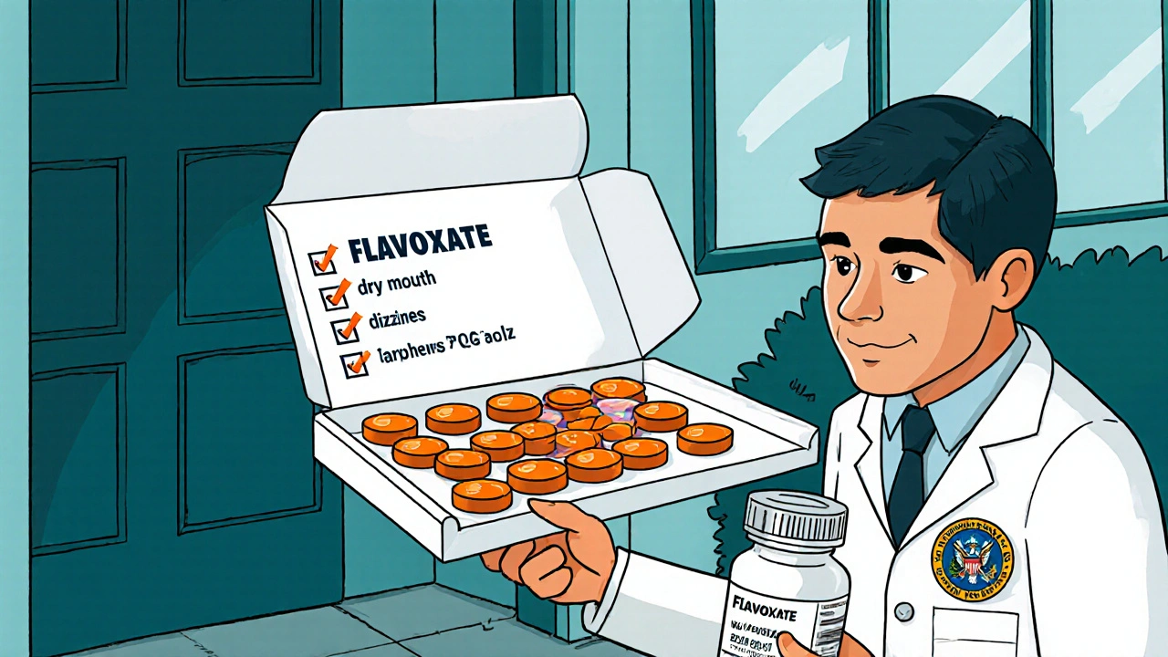 VA pharmacy package with Flavoxate tablets and a veteran holding a pill bottle.