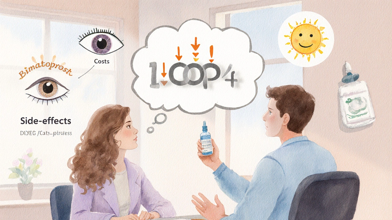 Watercolor of doctor and patient discussing eye‑pressure treatment with floating IOP and side‑effect icons.