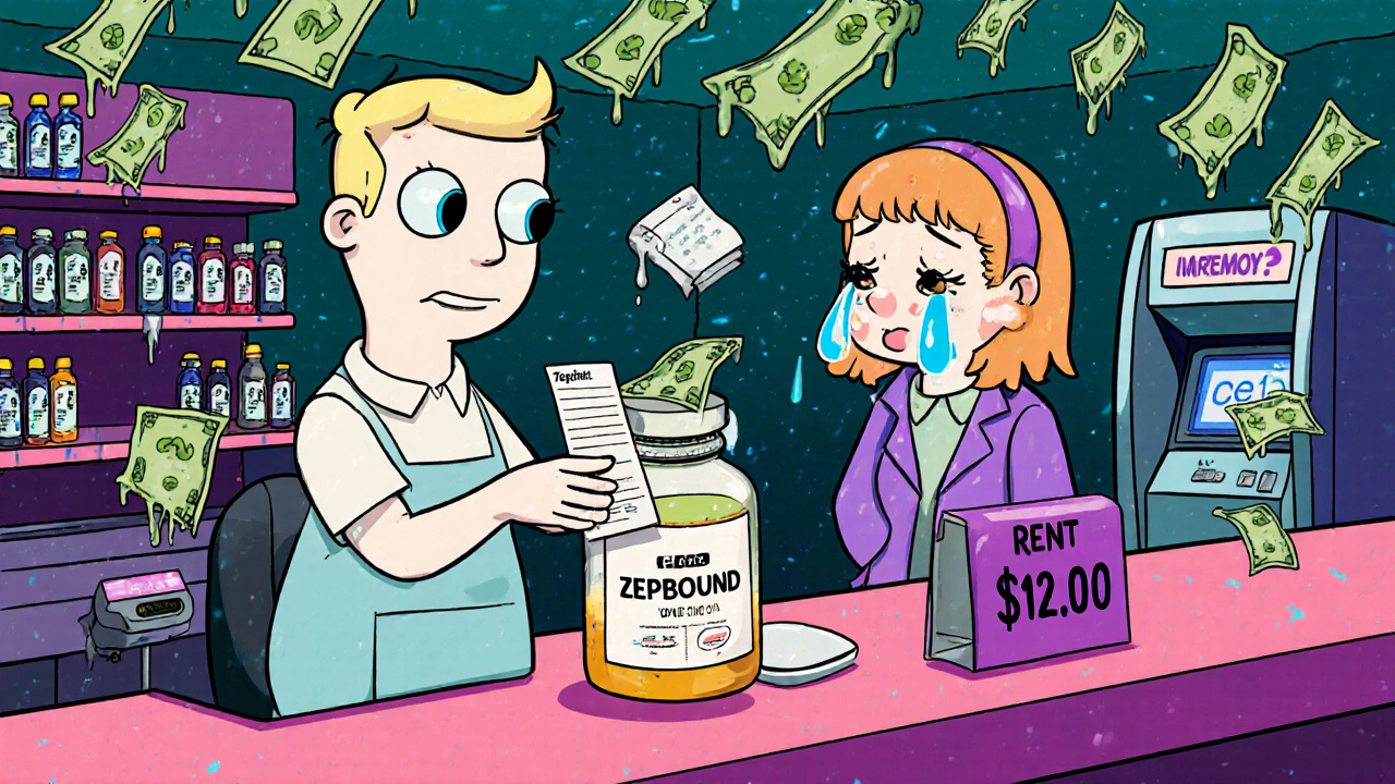 A crying customer receives a ,200 receipt at a surreal pharmacy while a giant Zepbound vial towers above.