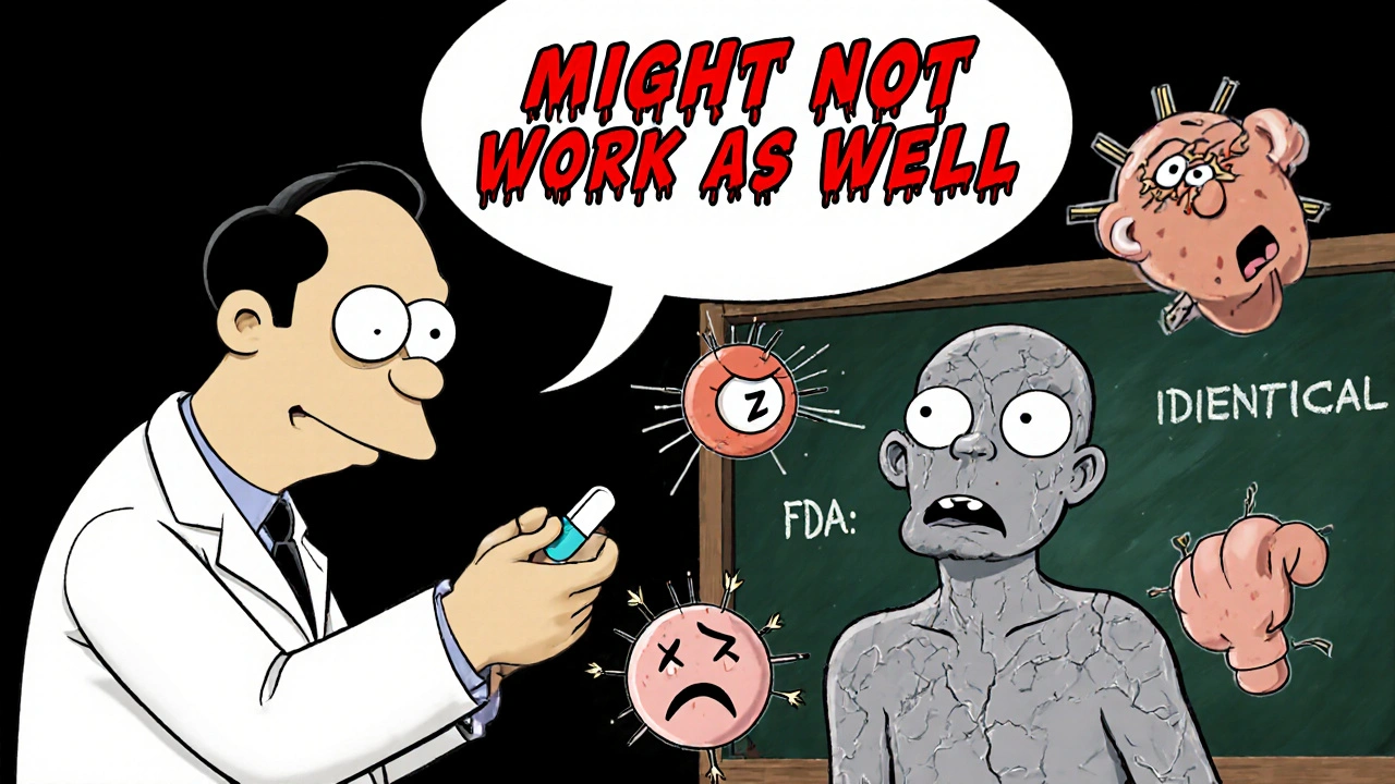 A doctor giving a generic pill as the patient&#039;s body cracks under negative expectations, with floating side effects.