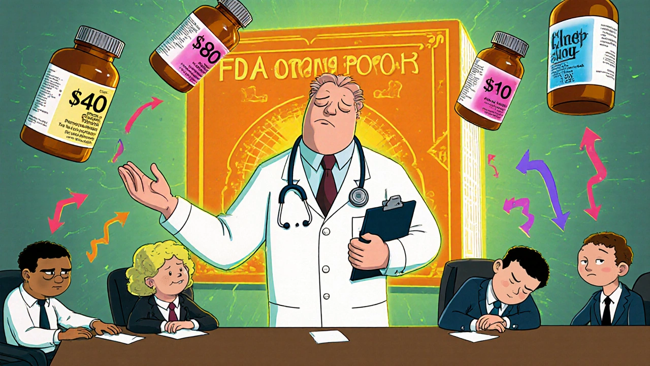 A giant pharmacist hovers over sleepy office workers, replacing expensive pills with cheap generics.