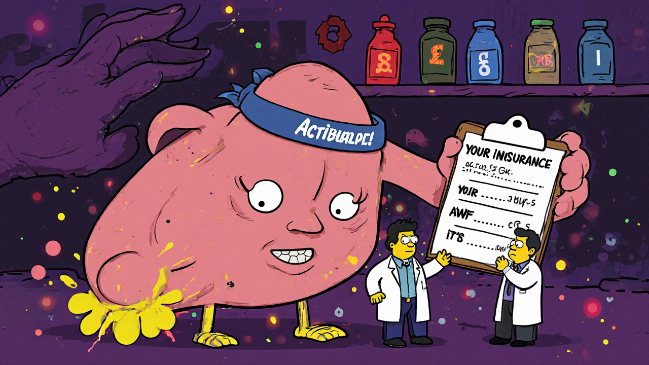 A giant salivary gland being crushed by a hand labeled &#039;Anticholinergics,&#039; while doctors argue over a clipboard with drug risk labels.