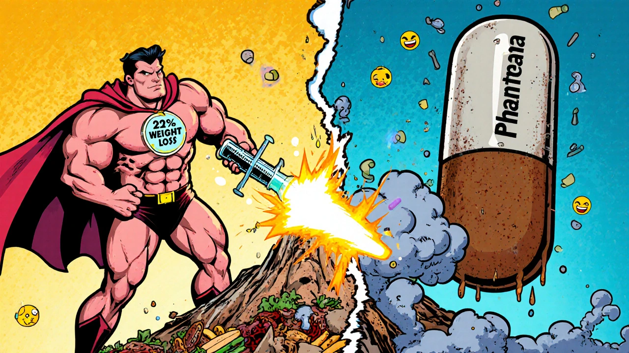 A glowing GLP-1 syringe battles crumbling old weight loss pills in a surreal comic-style showdown.