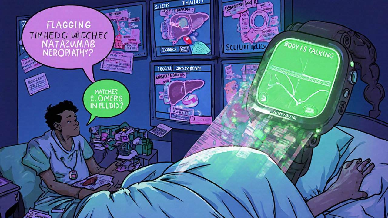 A glowing smartwatch alien projecting timelines of drug side effects over a sleeping patient, with EHR screens flashing alerts.
